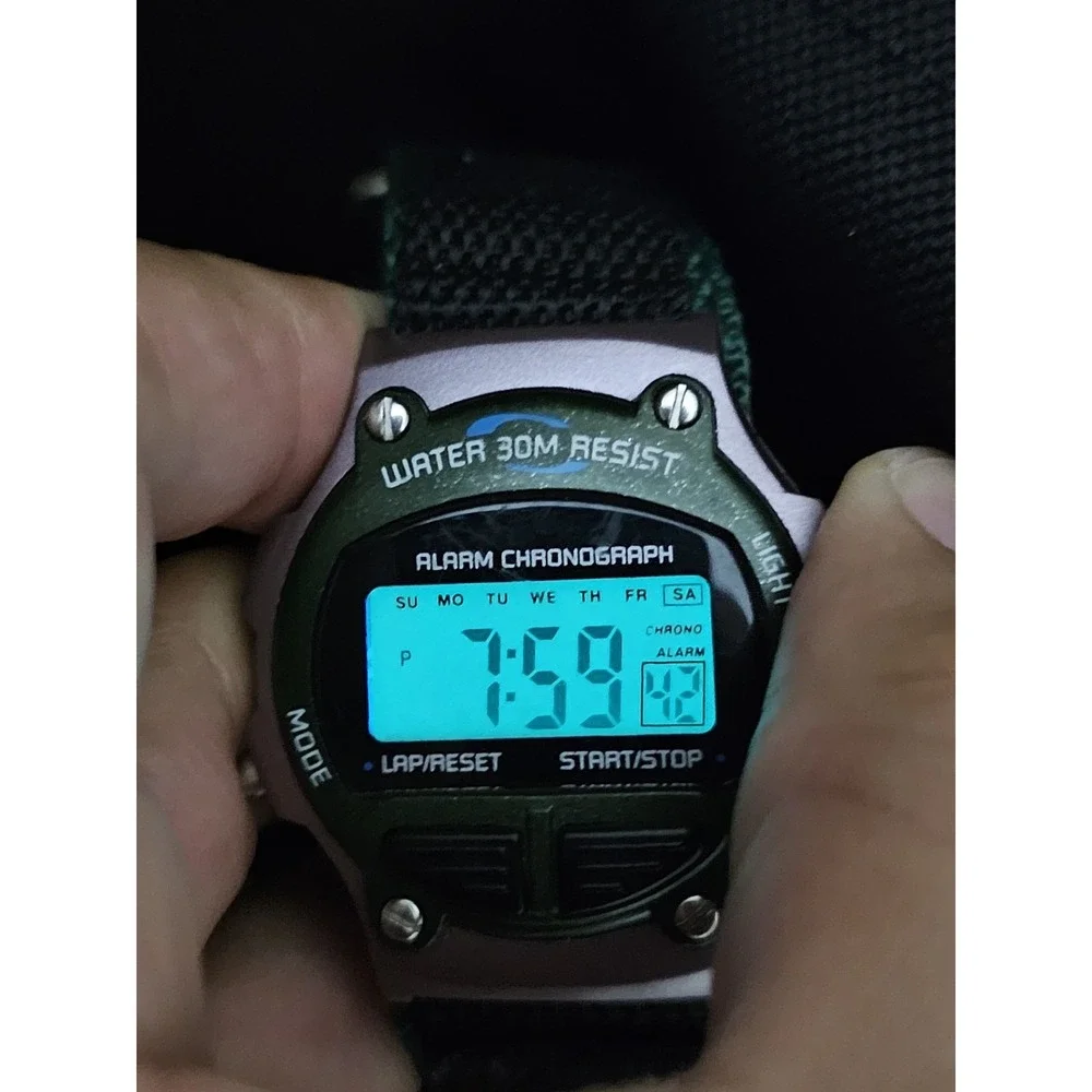 Men's Sports Digital Watch 40MM Green Black Nylon Band Light Chrono New Battery